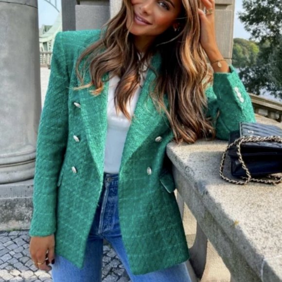 ZARA WOMAN NWT TEXTURED DOUBLE BREASTED BLAZER GREEN XS - Picture 1 of 12